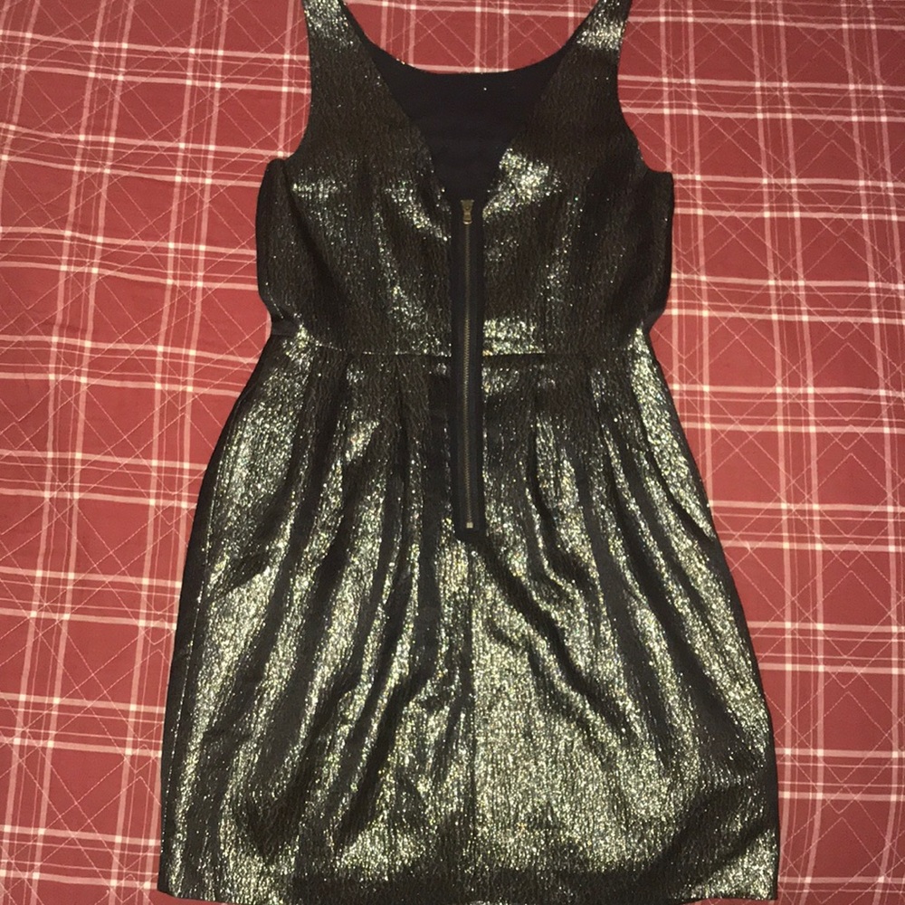 Club Monaco shimmery gold Lanna mini a line dress with pockets Y2K dress size 2 - Picture 3 of 9